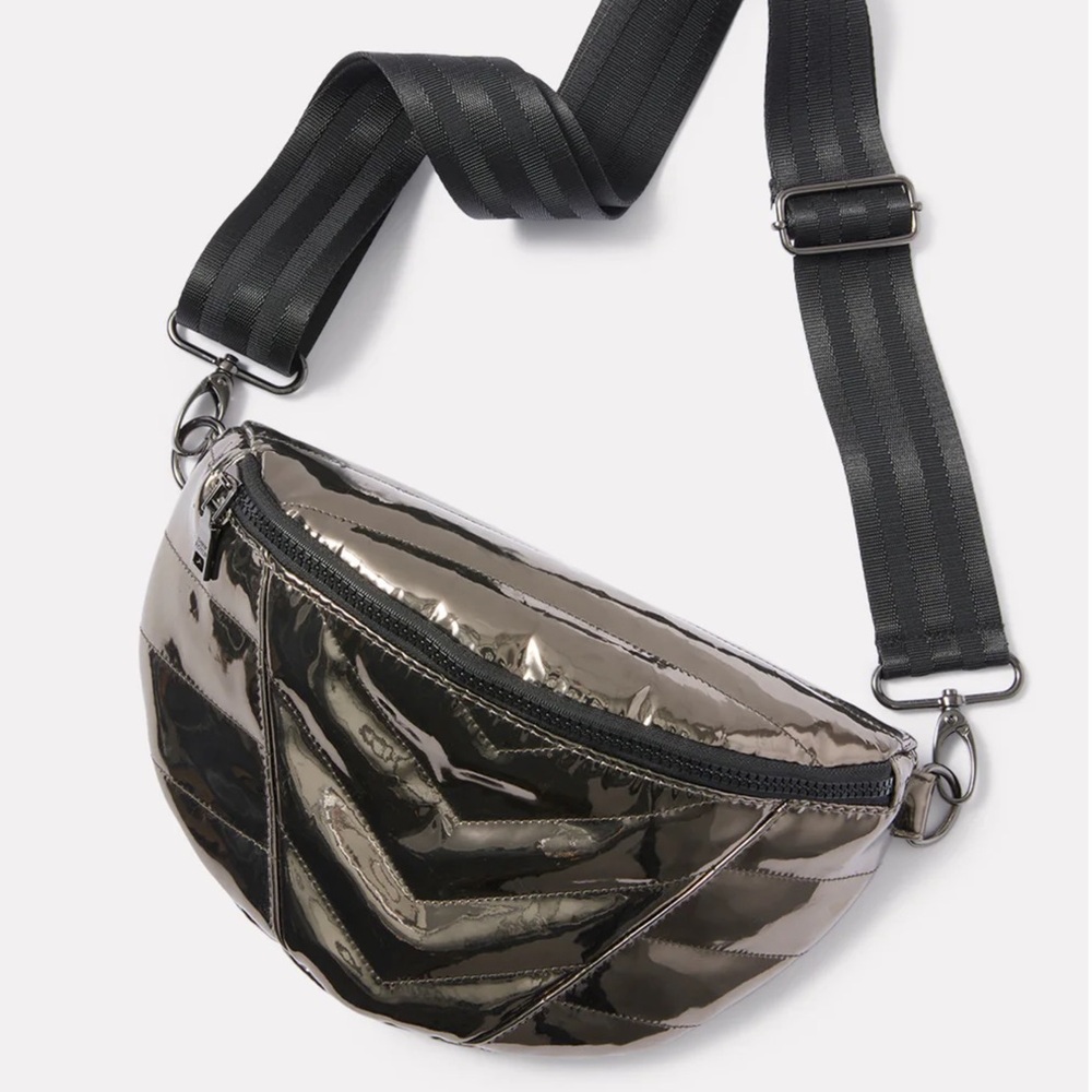 Evereve Metallic Gunmetal Quilted Crossbody Belt Bag